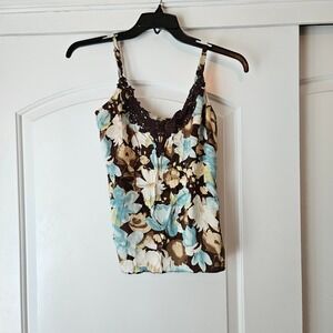 Vintage Babydoll Tank Top Y2K Womens Medium Cami Brown Blue Floral Lace‎ Silk